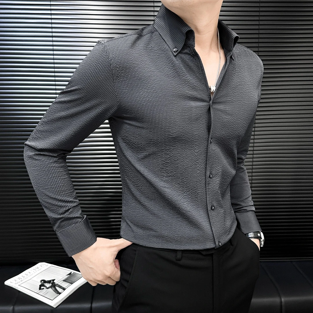 泡泡纱扣领衬衣男士上衣秋季新款男装修身法式大V领衬衫男款长袖