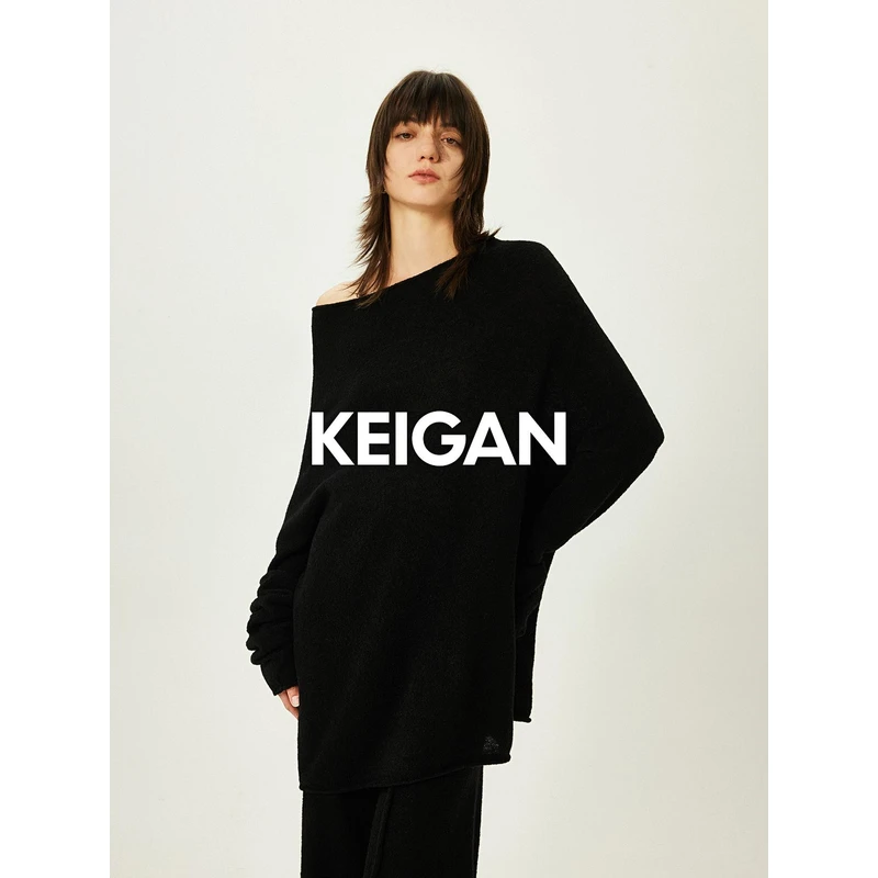 开间/松弛B备 松软轻盈羊毛慵懒卷边露肩一字领莲雾半裙针织3件套