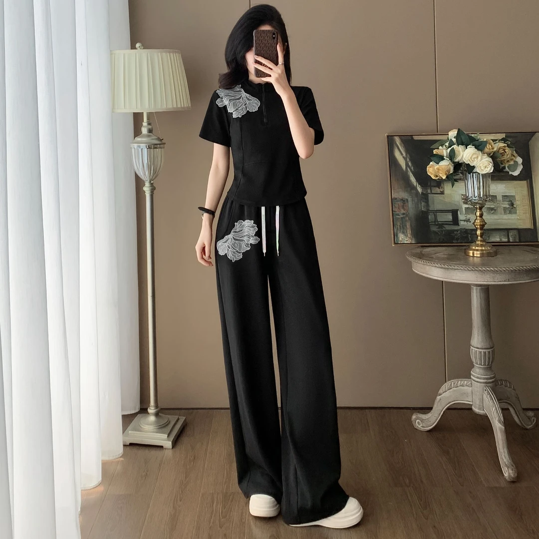 2025夏季新款休闲套装女洋气显瘦小众设计感立领短袖阔腿裤两件套