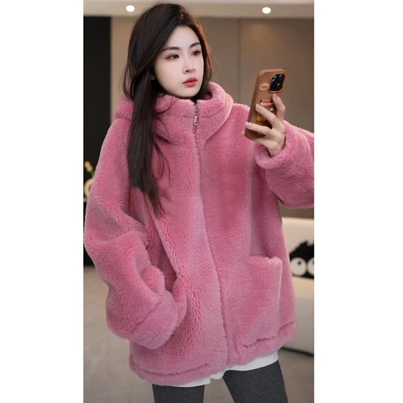 2025秋冬季新款加厚连帽毛毛外套毛绒韩版宽松显瘦气质保暖上衣女