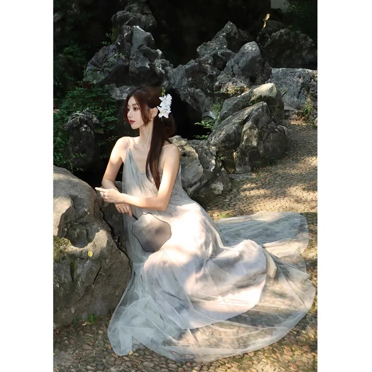 绝美新中式水墨晕染宽松吊带纱裙性感露背大裙摆连衣裙海边度假风