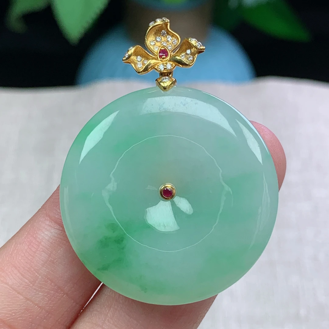 缅甸天然翡翠A货33.9-6玉石18k金镶嵌飘绿平安扣吊坠礼物时尚绿色