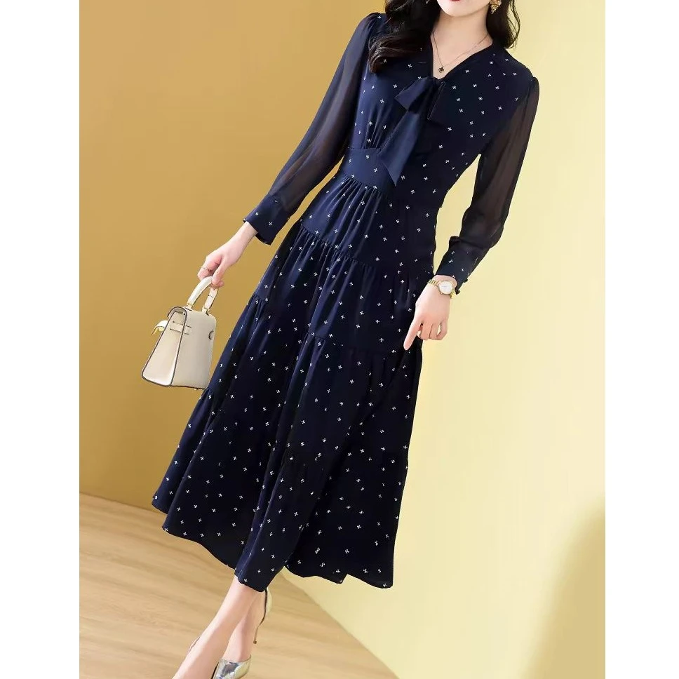 3206#连衣裙女新款雪纺修身显瘦波点高级感收腰气质