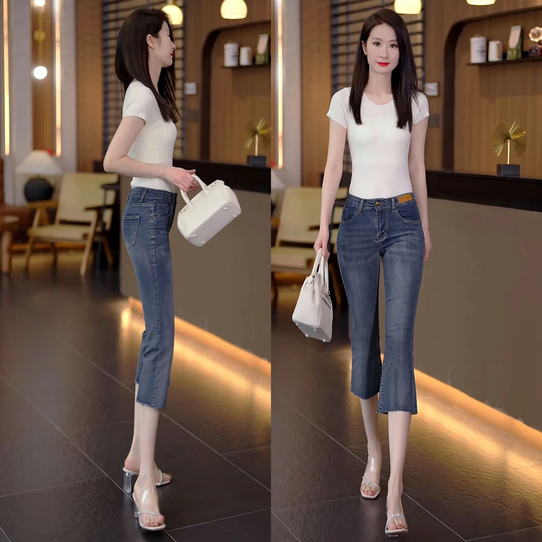 百搭修身显瘦大码2025夏季薄款高腰小脚裤弹力七八分牛仔裤微喇叭