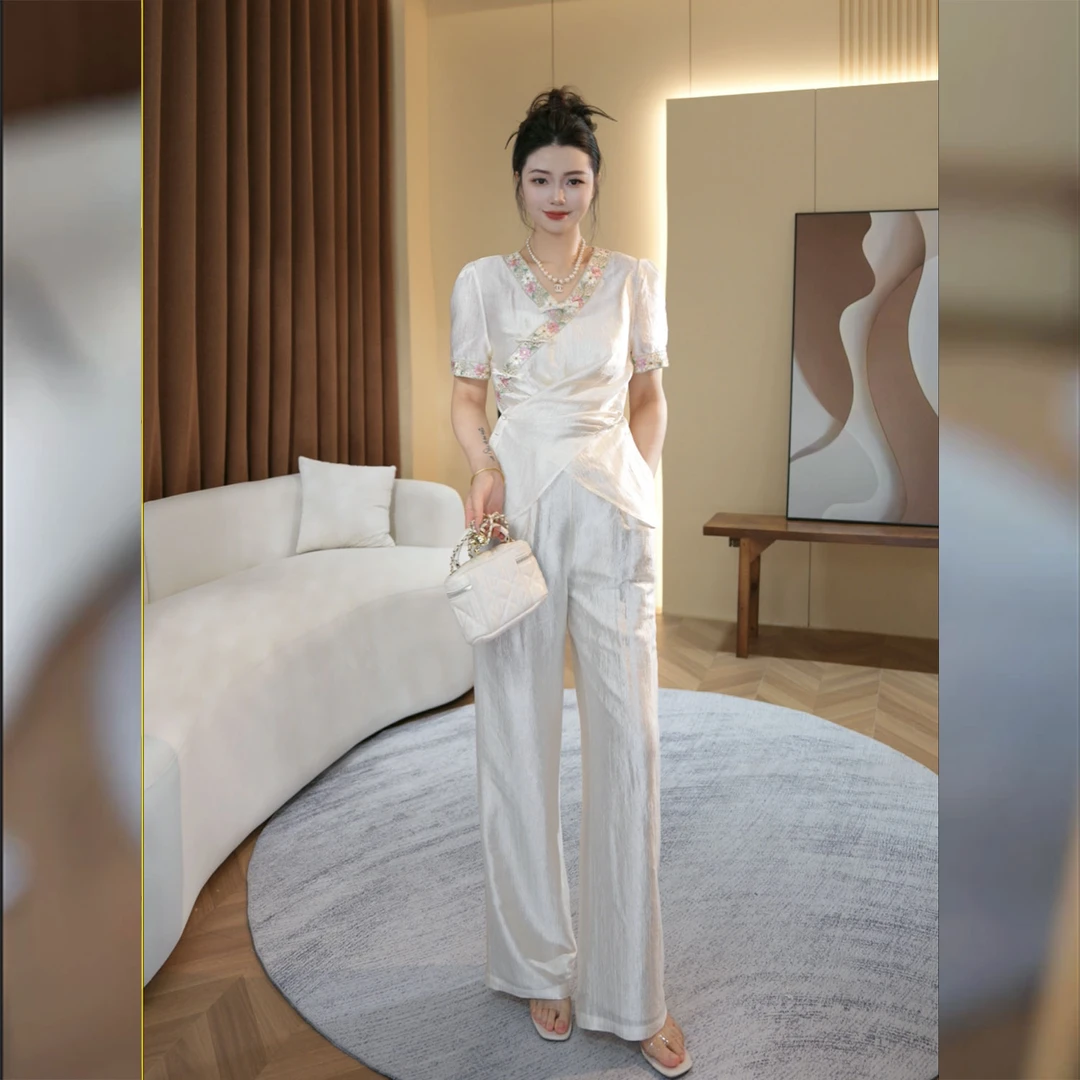 2025夏季新款国风气质优雅刺绣高级感上衣阔腿裤两件套JBC2521199