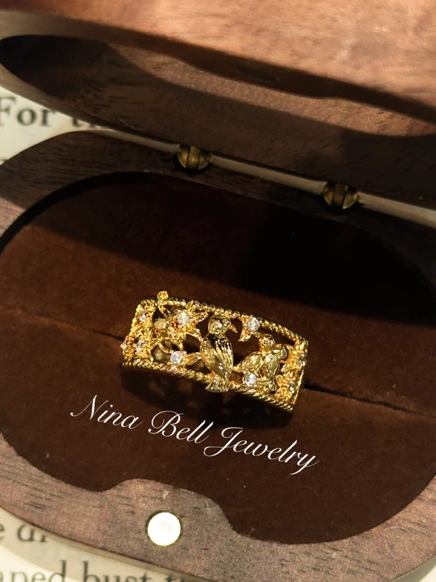 铜合金合成锆石戒指 喜鹊报喜戒指手工气质轻奢复古金色小众重工