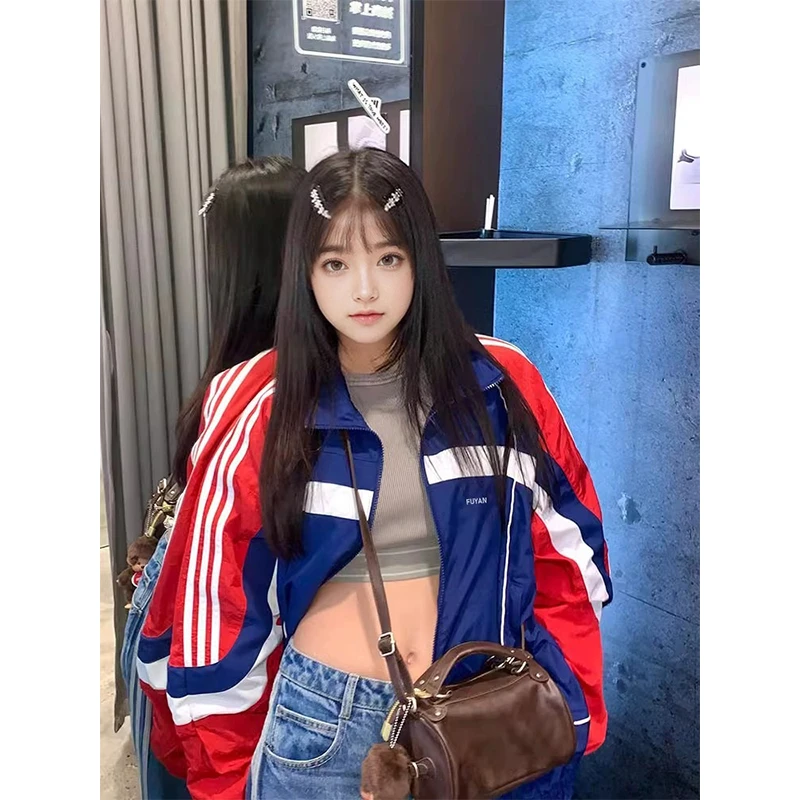 卡盛红蓝色棒球服外套女2025新款美式复古小个子水洗帆布撞色夹克