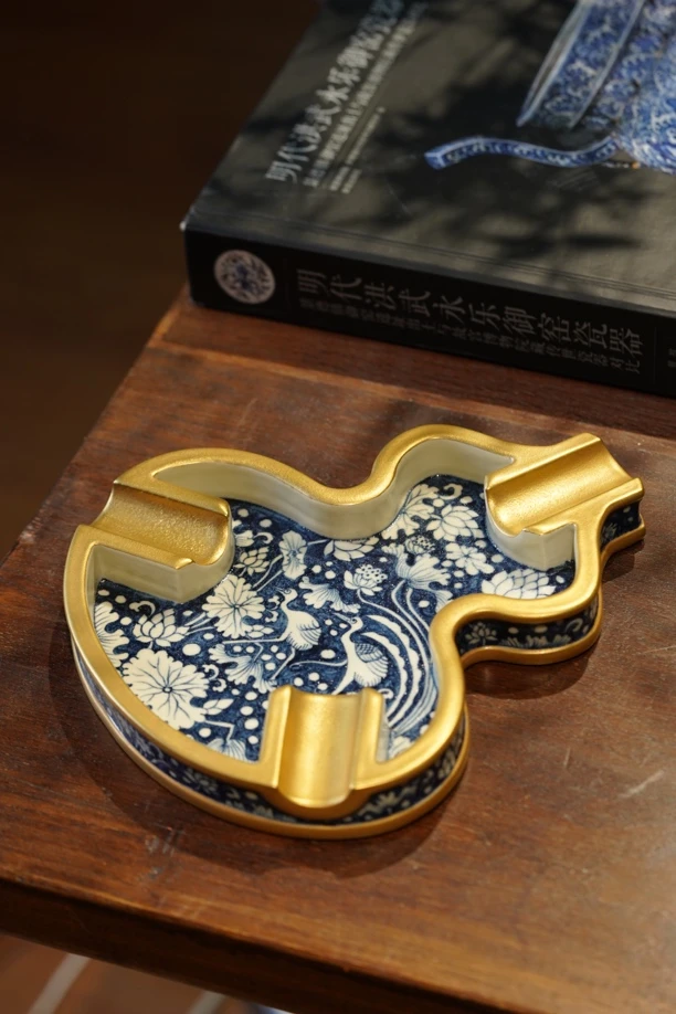 幽蓝溪堂二号釉一鹭莲升一鹭莲科异形雪茄缸茶托茶周边烟缸