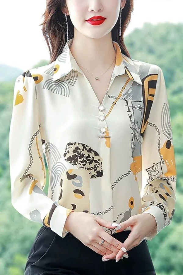 时尚印花简约通勤衬衫新款2025春装小个子打底衫女人味显瘦
