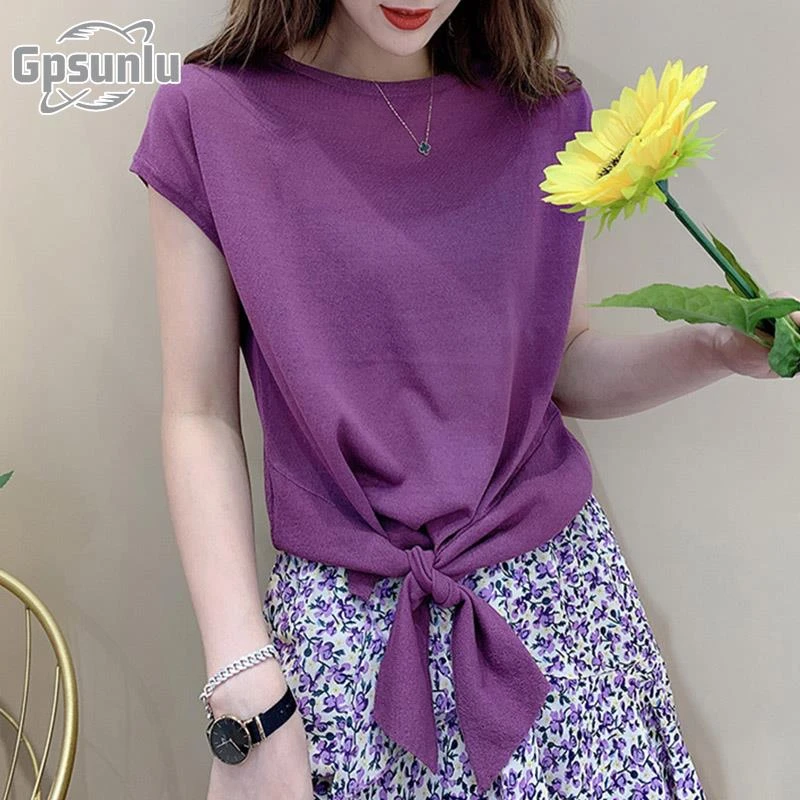 gpsunlu短袖针织衫女欧货夏装薄款圆领下摆打结宽松百搭打底上衣