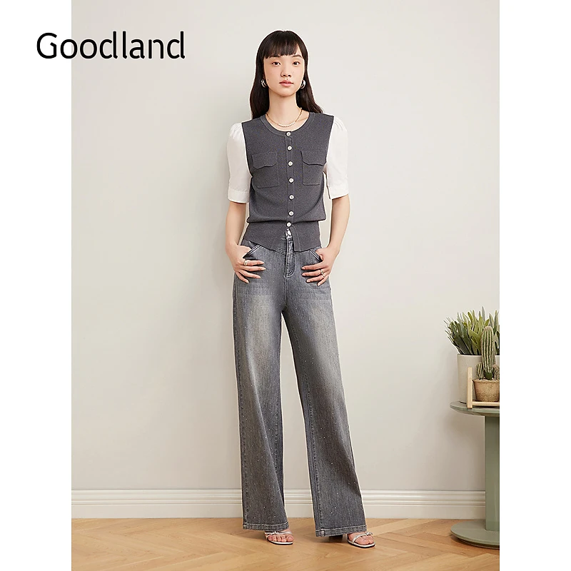 Goodland美地女装2025夏季新款拼接假两件短袖针织上衣薄款