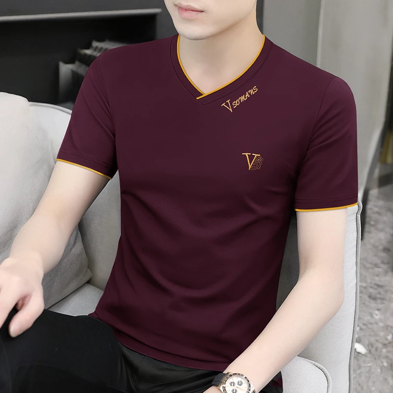 莫代尔男士短袖t恤潮流夏季冰丝速干凉感半袖V领上衣服刺绣体恤潮
