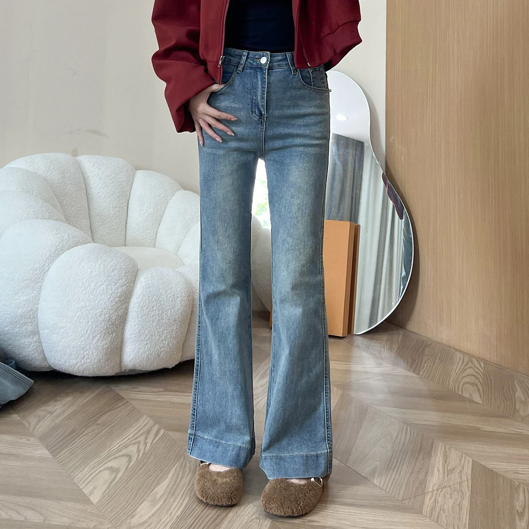 复古蓝微喇牛仔裤女胖妹妹mm女孩显瘦梨型身材小个子拖地喇叭裤