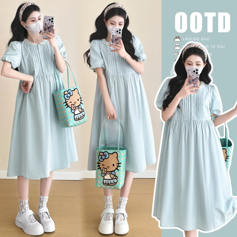 2025新款夏季清新薄荷色蕾丝花边减龄气质甜美宽松时尚孕妇连衣裙