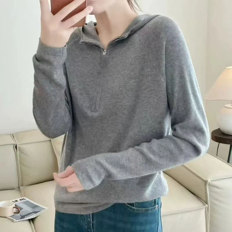 超细羊毛半拉链女士运动针织衫连帽卫衣9528