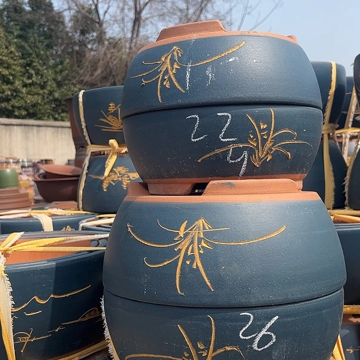 紫砂紫砂花盆和红花