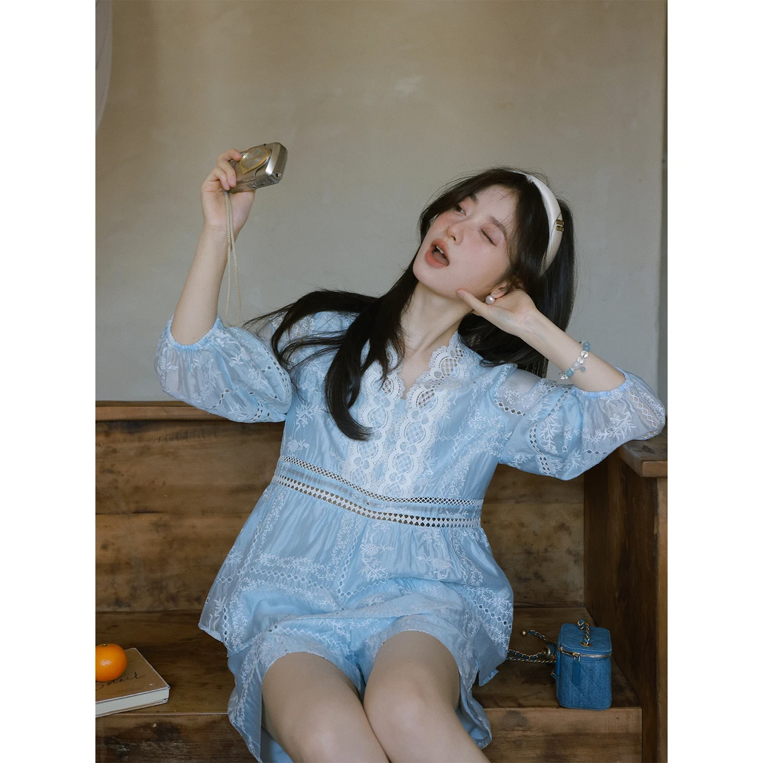 新品【澳法庄园】法式度假感穿搭~镂空绣花上衣/镂空绣花短裤