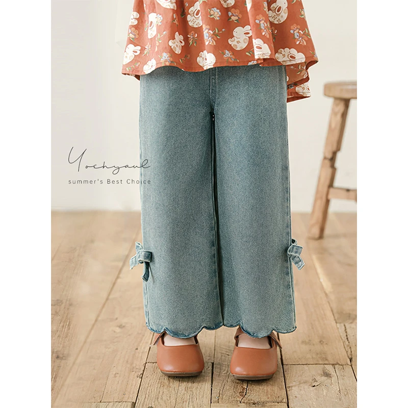 幼悠【元气清新】夏叁波复古百搭韩版洋气侧边蝴蝶结牛仔裤 X4789