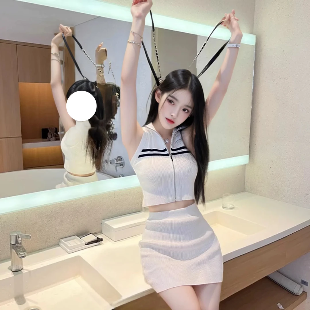 小香风针织裙套装女夏季新款无袖polo领短款条纹上衣半身裙两件套