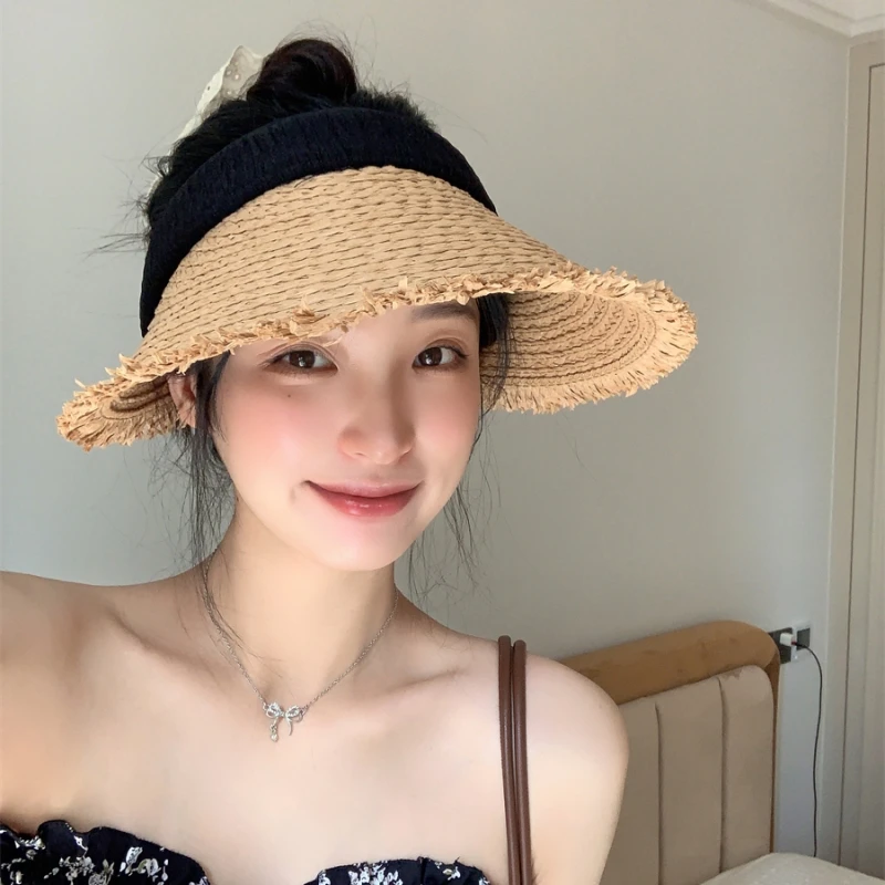 新款夏季草编帽子大帽檐户外空顶帽女可折叠穿搭百搭显脸小遮阳帽