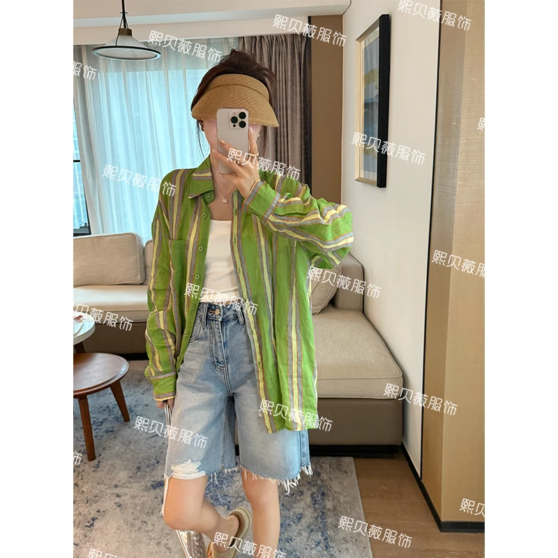 熙贝薇5【夏日薄荷】欧货苎麻条纹衬衫新款显瘦翻领休闲上衣 G7659