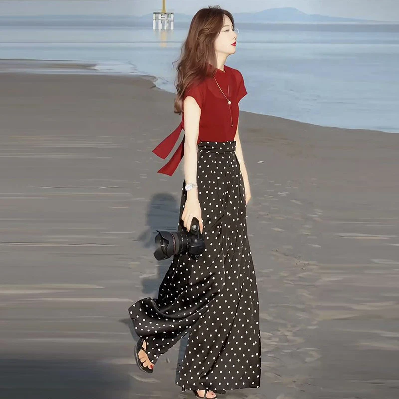 洋气显瘦短袖上衣高腰阔腿裤两件套女士2025夏季新款气质时尚套装