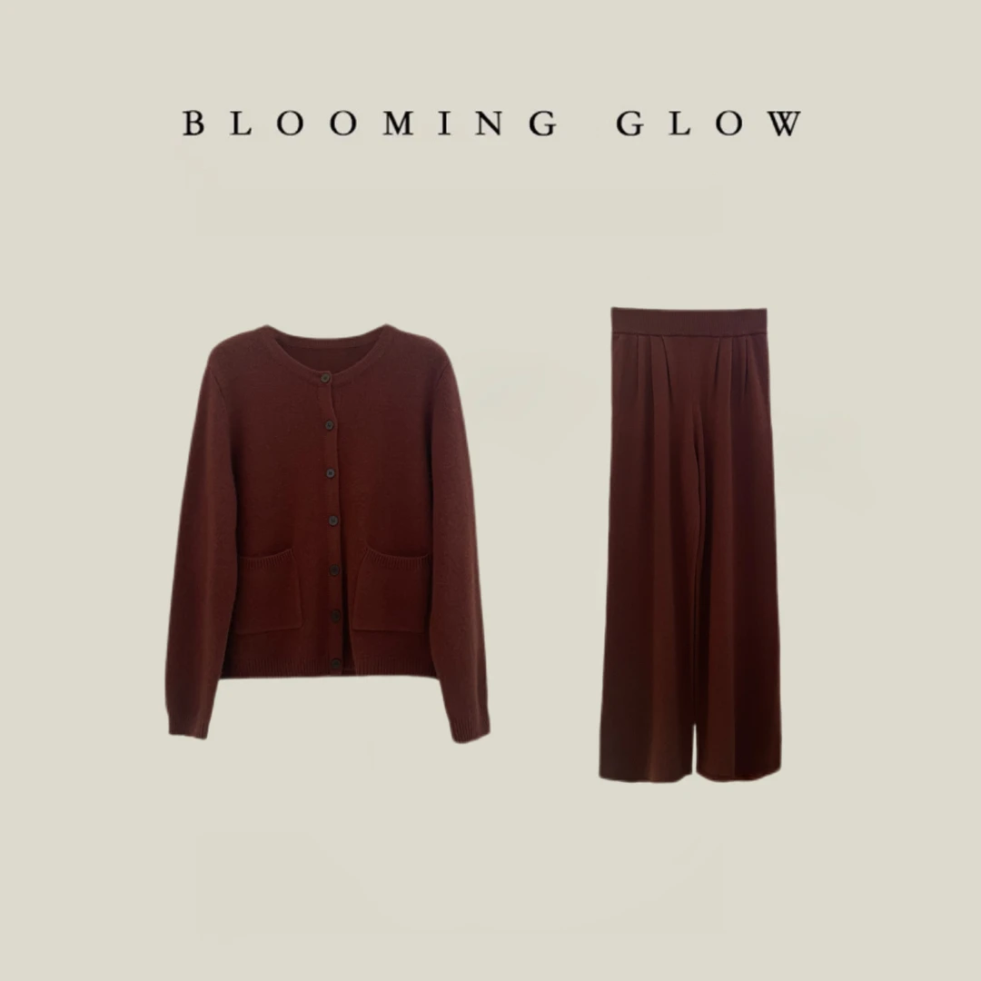 BLOOMINGGLOW肉桂黑巧布朗尼定染羊绒羊毛开衫秋冬长裤套装