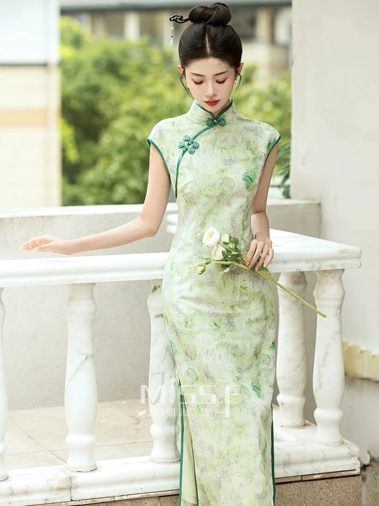 021印花新中式无袖滚边日常显瘦修身绿色短款以直播间实物为准