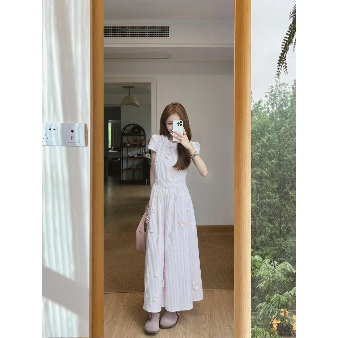 法式设计感立体花朵泡泡袖连衣裙甜美减龄收腰绝美长裙