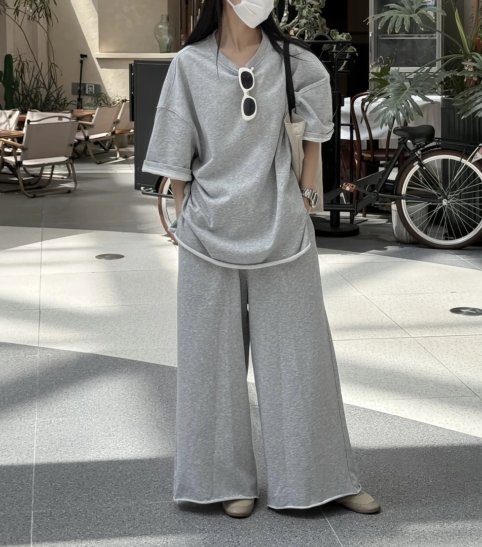 松弛与晚风～简约休闲T恤宽松抽绳九分裤两件套