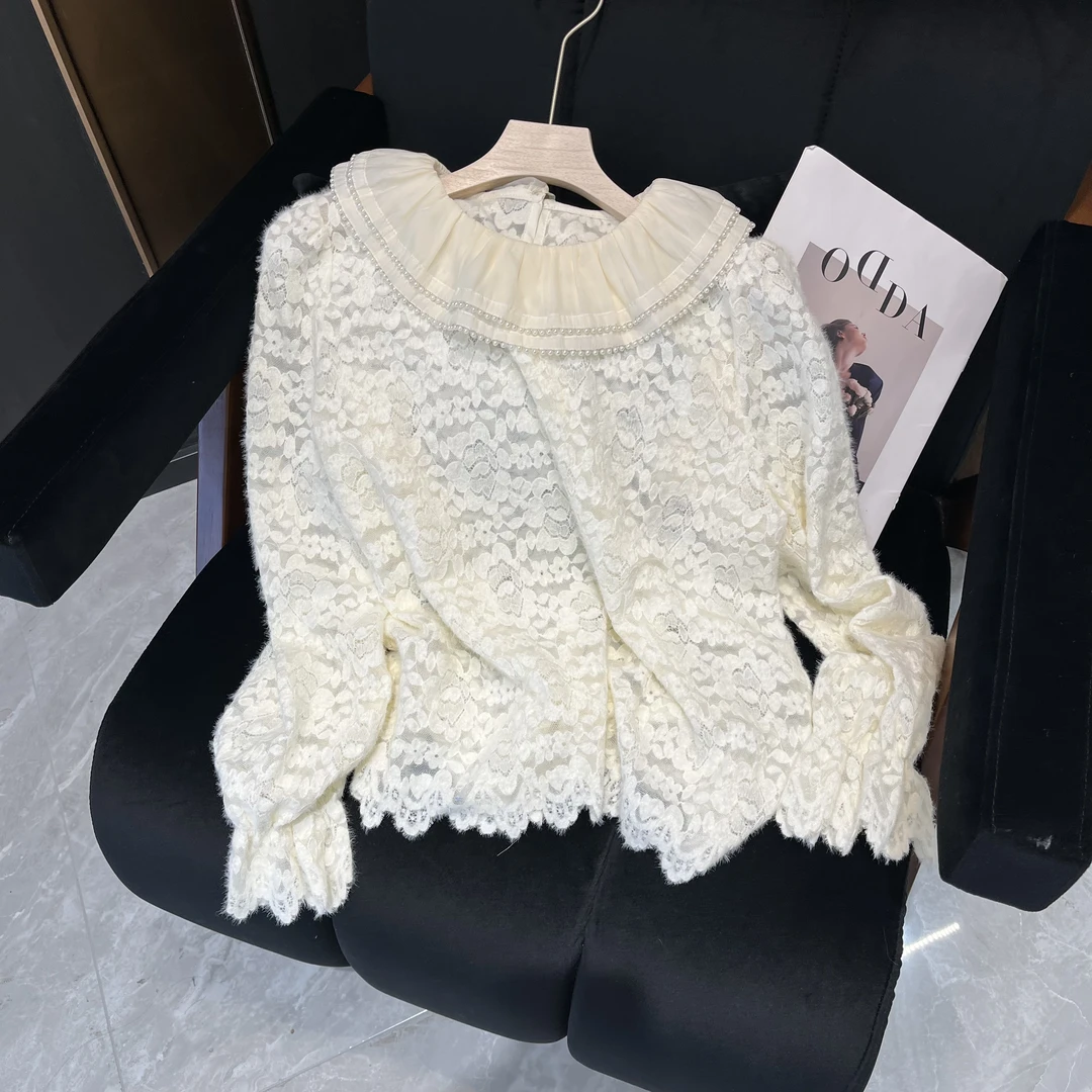 YUE 5588 蕾丝娃娃领微透早春款韩系百搭时尚上衣