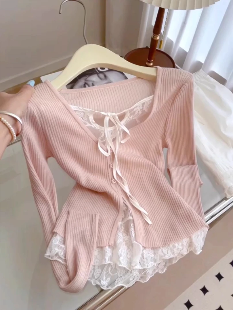 早秋假两件粉色蕾丝拼接长袖上衣女2025新款性感纯欲内搭针织开衫