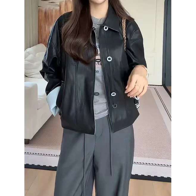 秋季百搭休闲时尚拼色翻领小皮衣-YHW50791
