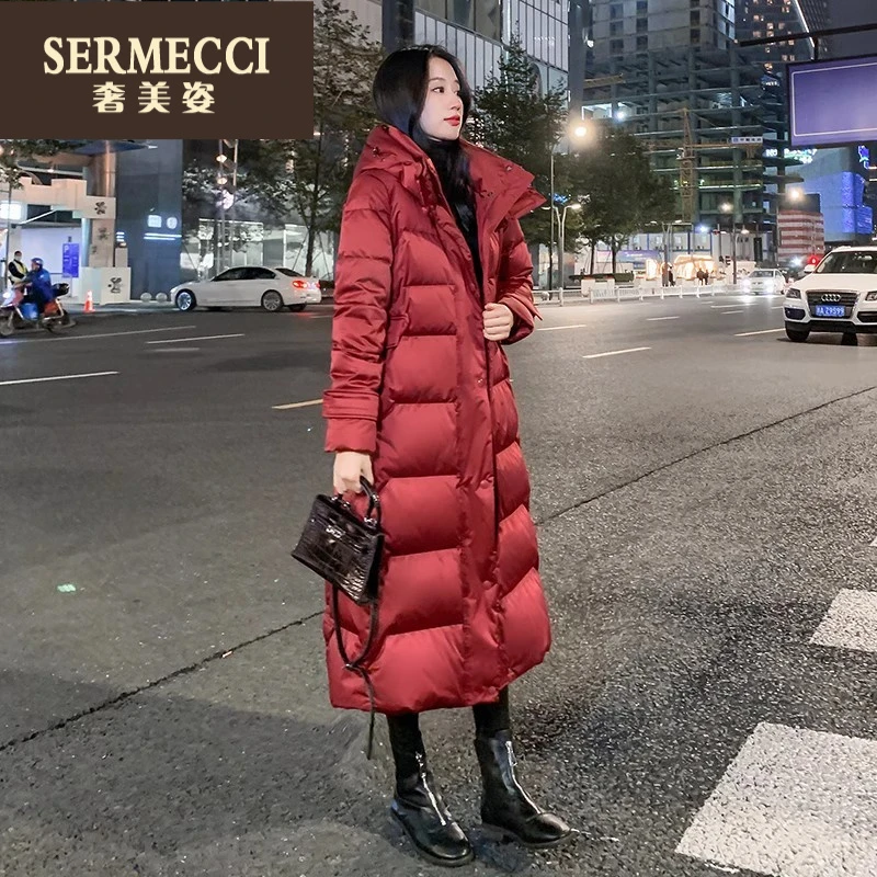 奢美姿2025新款冬季修身收腰长款羽绒服红色过膝高级感外套女