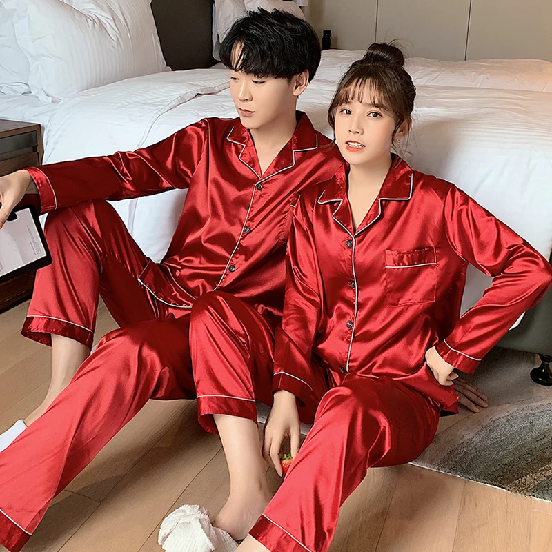 新婚情侣冰丝睡衣夏季红色长袖夏天薄款春秋款男士大码家居服套装