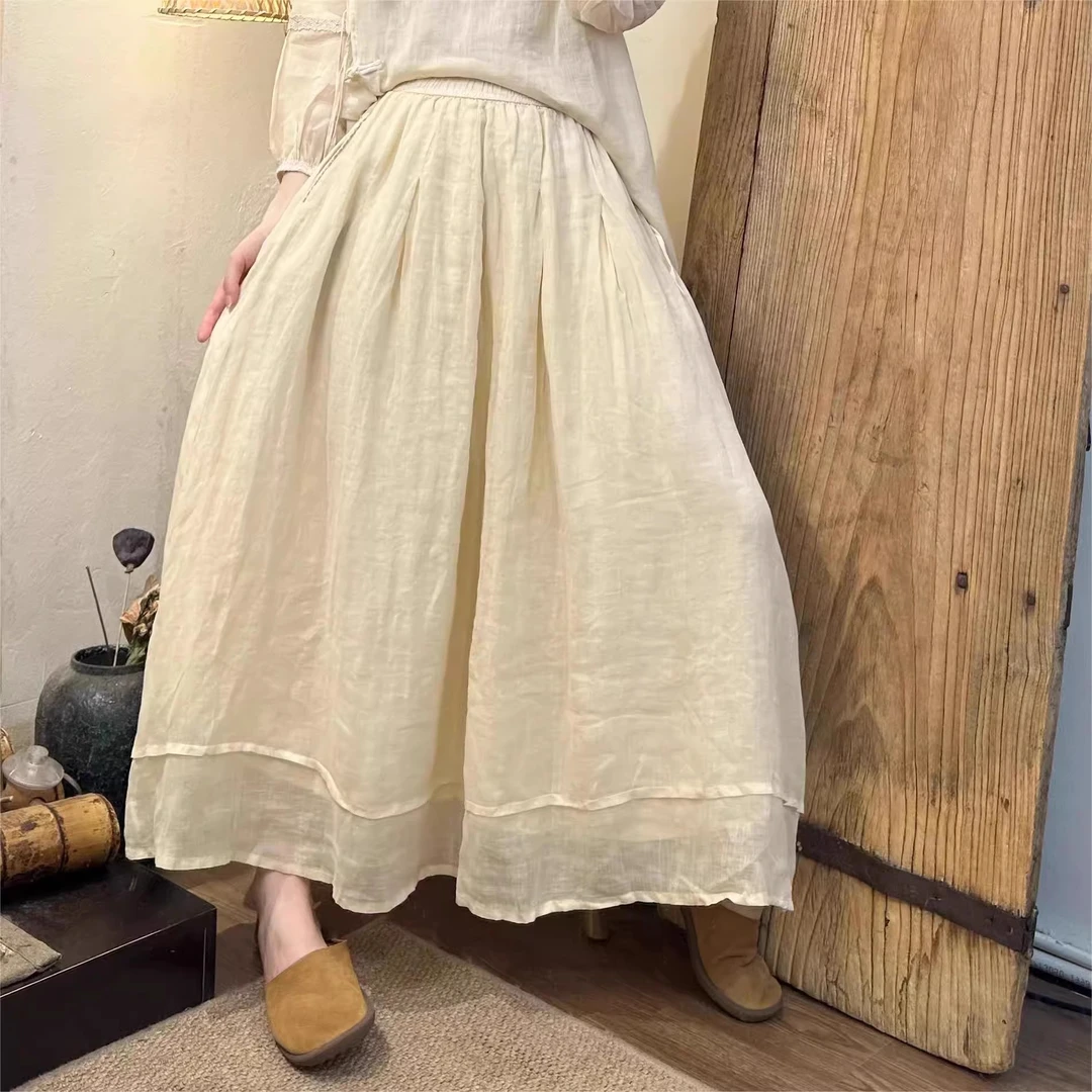 忆李白 {随风}仙女半身裙苎麻双层A字裙松紧腰大裙摆文艺风长裙子