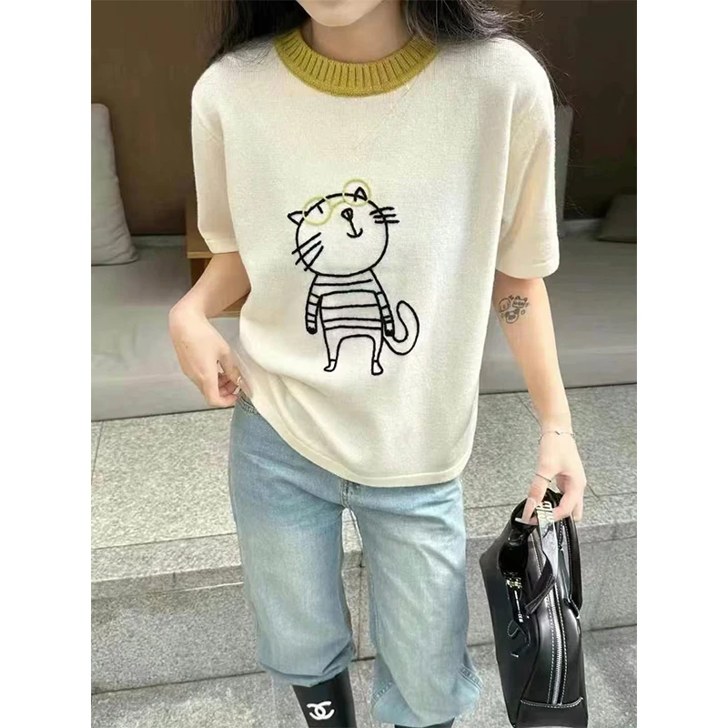 设计感撞色提花猫咪短袖T春季宽松打底衫半袖上衣-9673
