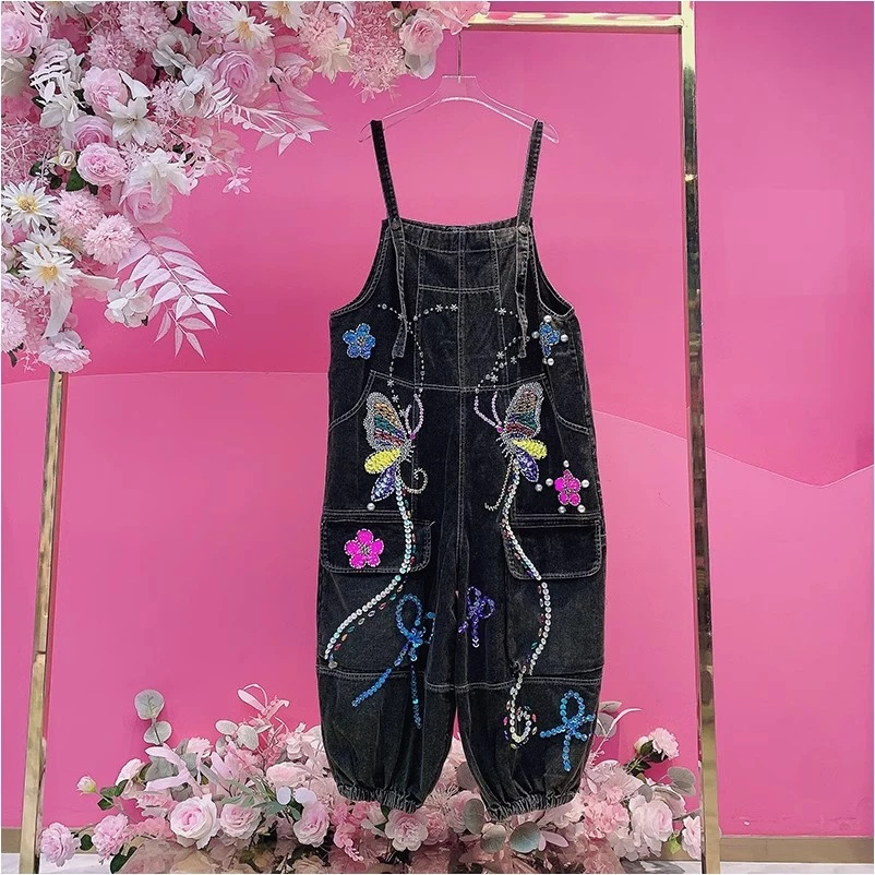 A1660欧美设计师2025夏季新款重工钉钻刺绣花朵蝴蝶牛仔背带裤女