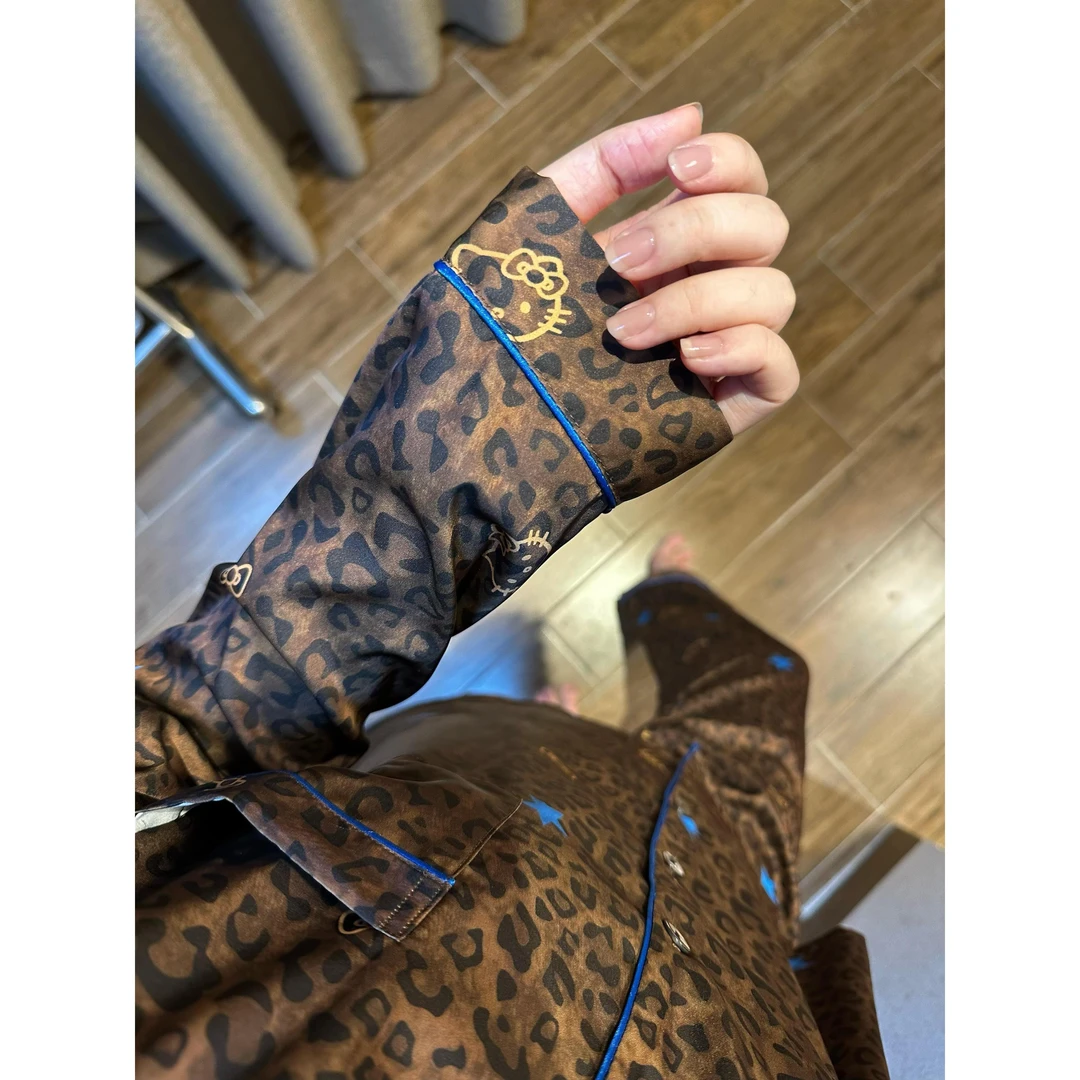 性感纯欲黑皮豹纹kitty猫冰丝睡衣女夏季新款长袖长裤套装家居服