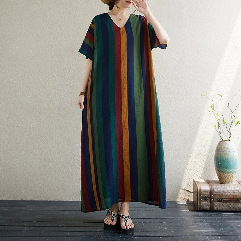 复古蓝竖条纹显瘦文艺原创棉麻袍子连衣裙宽松显瘦长裙V领