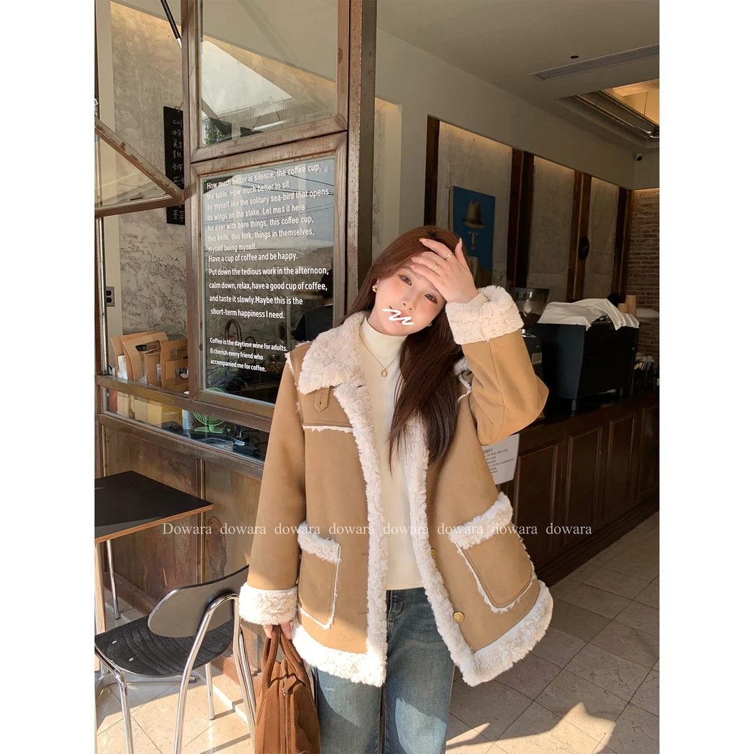 现货大婉酱微胖定制 韩系复古机车服外套秋加厚毛毛一体上衣6521D