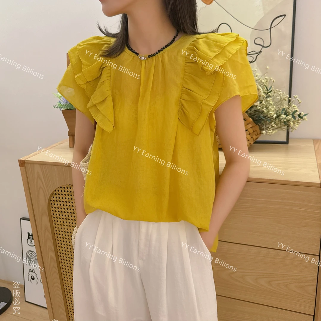 YY Earning BiIIions 系带短袖荷叶边薄款夏季衬衫宽松减龄两面穿