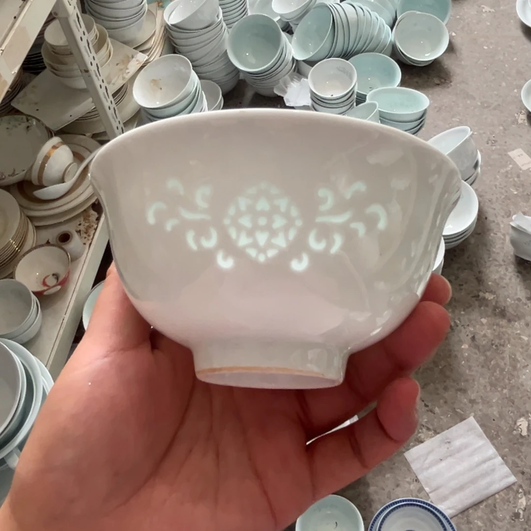 瓷青玲珑窗花4.75英寸饭碗4个【微瑕尾货】