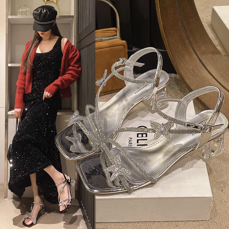 银色高跟凉鞋女夏季配裙子仙女风水晶蝴蝶结方头露趾透明粗跟凉鞋