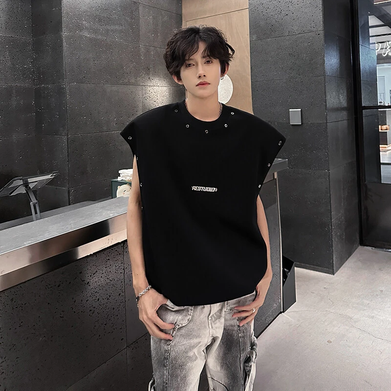 金属铆钉设计感垫肩坎肩背心男夏季美式高街痞帅运动无袖t恤汗衫