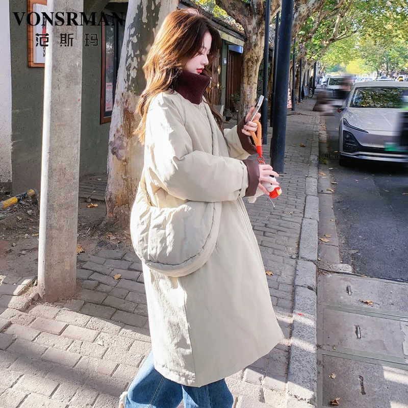 围脖立领羽绒服女2025冬新款韩系宽松学院风工装派克中长款小个子