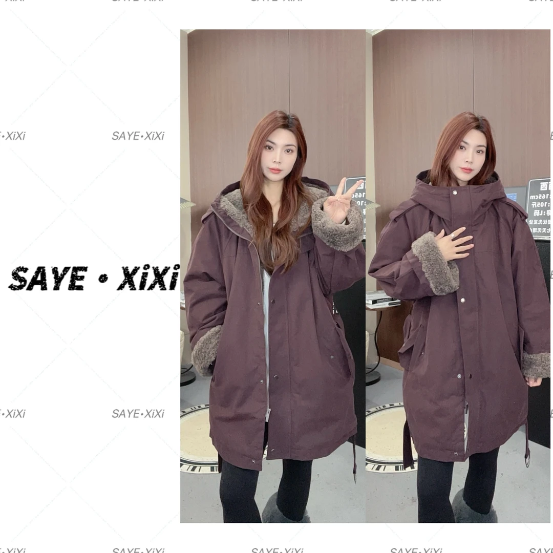 2025新款羊羔毛内衬中长款连帽外套女冬季百搭工装派克服