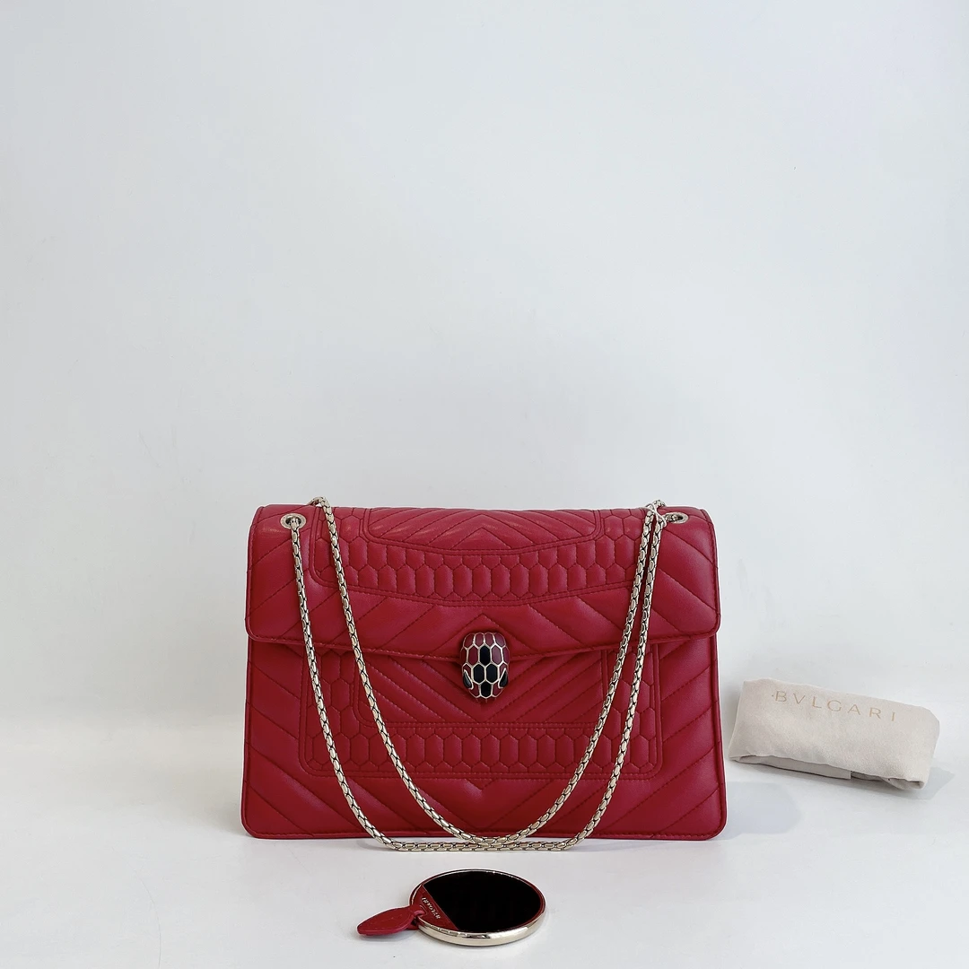 95新 BVLGARI/宝格丽 Serpenti Forever 红色中号双链蛇头单肩包
