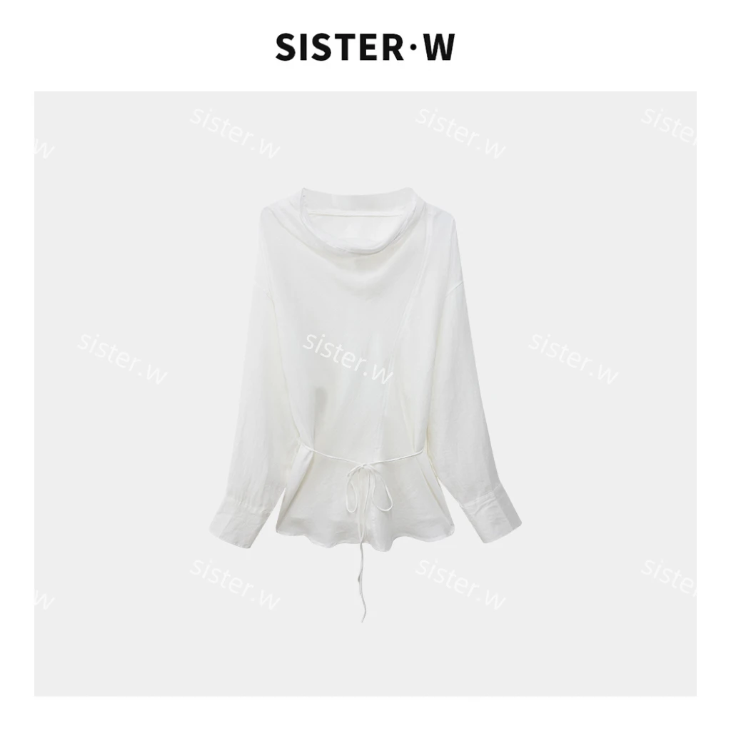 极简小众设计感收腰系带荡领长袖上衣  6087（有腰带）