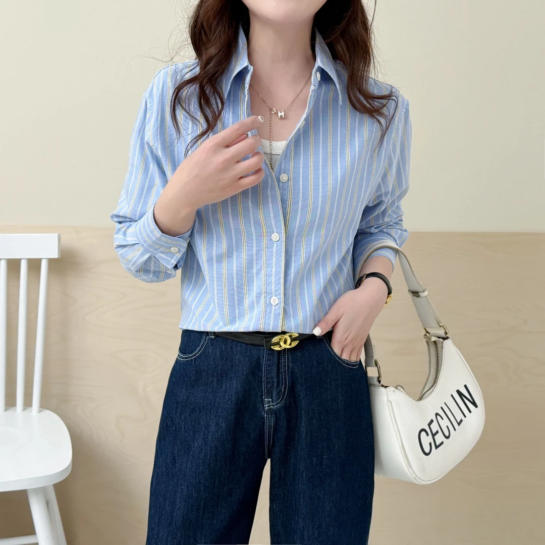 不卷边长袖纯棉彩色条纹衬衫女2025春季新款衬衣宽松显瘦上衣